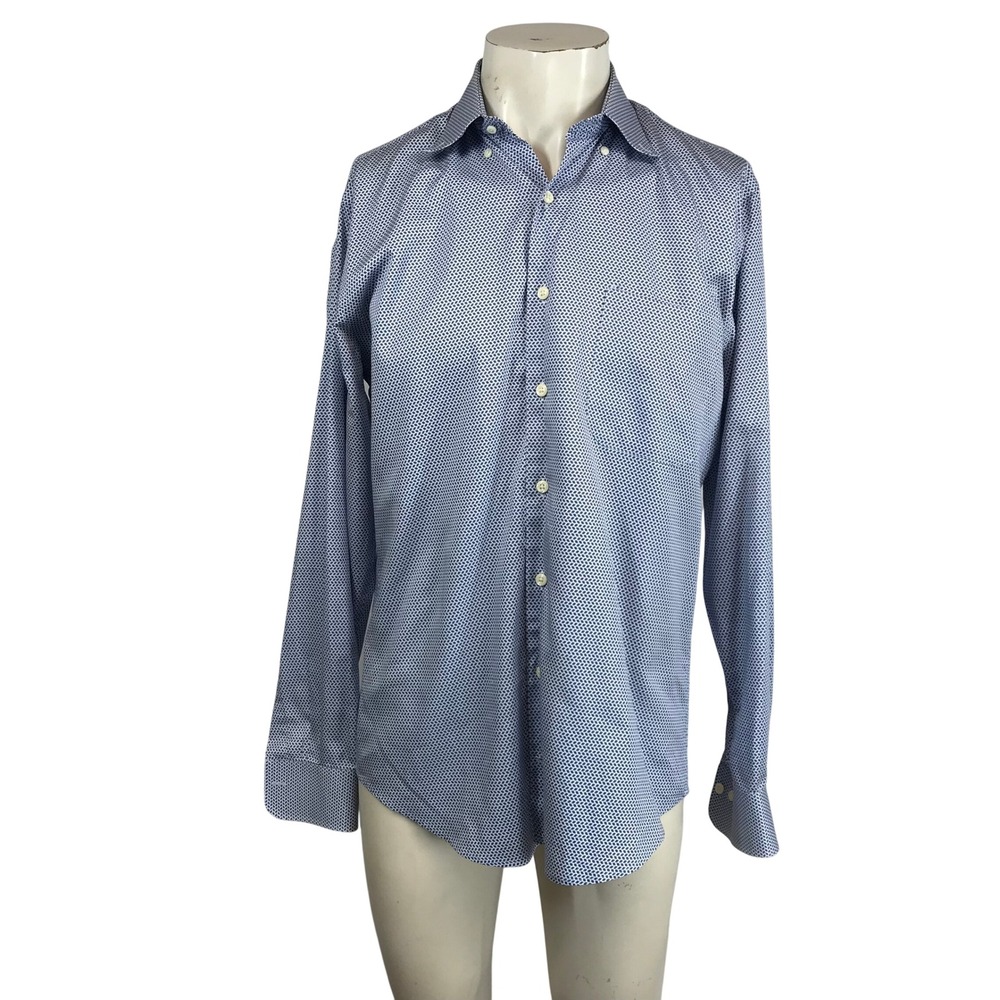 Peter Millar Mens Blue Geometric Micro Print Button Down Shirt Size Medium M
